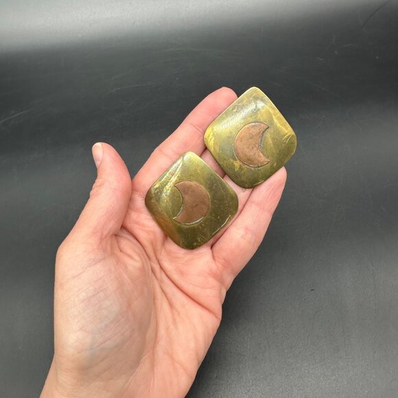 Vintage Earrings Crescent Moon Brass Copper Boho Celestial Modern Mixed Metal - Picture 7 of 8